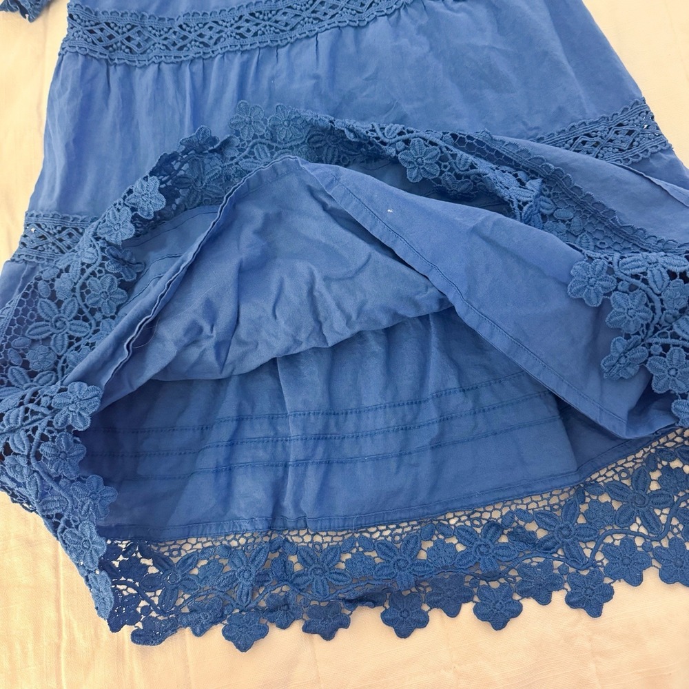 Mini Boden Girls 7-8 Dress Cabana Blue Lace Tiered‎ Summer Sun Scallop Cotton - Picture 3 of 9